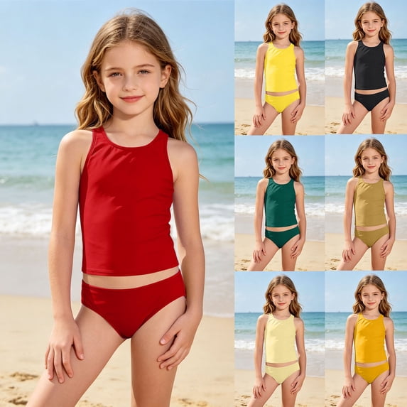 Shadoumai Girls Swimsuit Ruffle Modest Bikini Spaghetti Strap Tankini with Shorts 2 Piece Cute Ruffle Bathing Suit for Girls