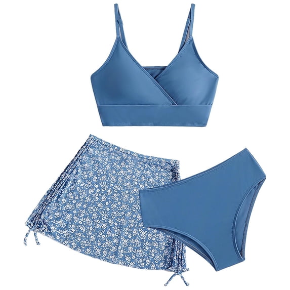 Shadoumai Girls Swimsuit Size 10 Rash Guard Bikini Set Drawstring Tankini with Shorts 3-Piece Bathing Suit Contrast Trim Girls' Swimwear with Print Shorts
