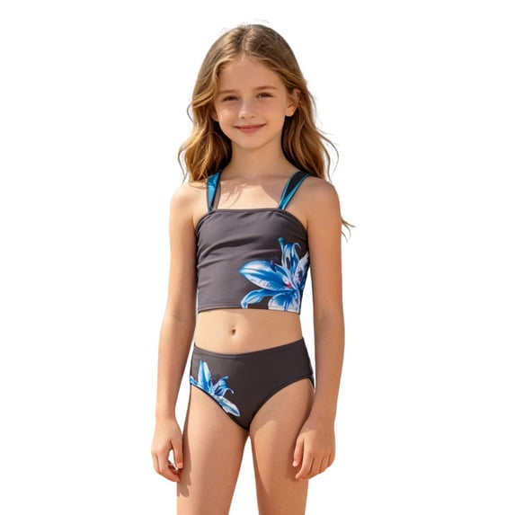 Shadoumai Girls Swimsuit Size 8 Rash Guard Bikini Set Spaghetti Strap Tankini for Girls 2-Piece Bathing Suit Cute Pattern Print Beach Swimwear