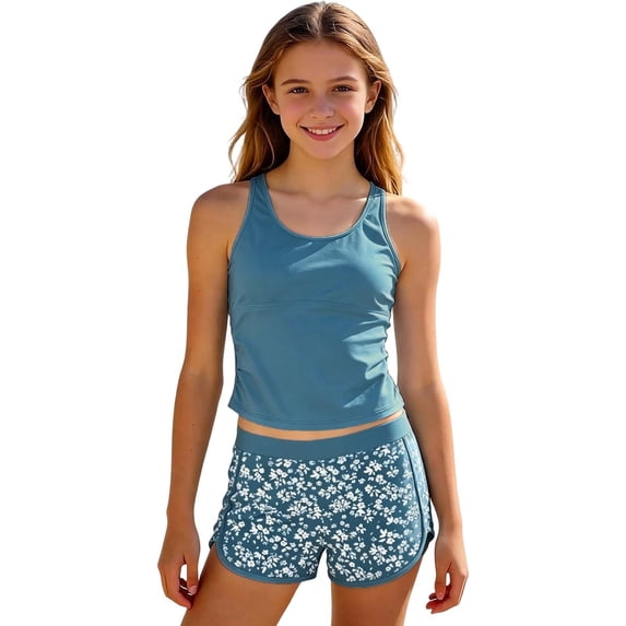 Shadoumai Girls Swimsuit Two Piece Bathing Suit Criss Cross Print Bikini Set with Ruffle Hem Swim Suits 6-14Y