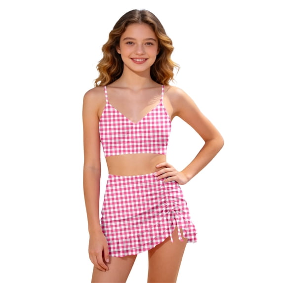 Shadoumai Girls Swimsuits Size 10-12 Cutout Bikini Drawstring Girls Tankini Swimsuit 2-Piece Beach Skirt Cute Ruched Bathing Suit Allover Printed Modest Swimwear with Cover Up