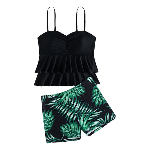 Shadoumai Girls Swimsuits Size 14-16 Rash Guard Bikini Sets Adjustable Strap Tankini Sets Two Pieces Bathing Suits for Girls Contrast Trim Swimwear with Cover Up Beach Skirt
