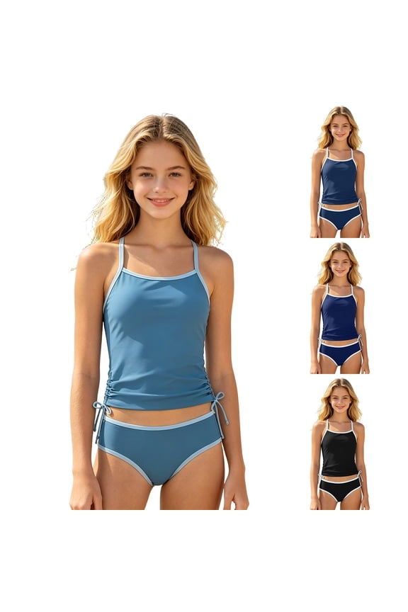 Girls Tankini Swimsuits 7-8 Ribbed Modest Bikini Adjustable Strap Tankini for Girls 2pcs Ribbed Girls Bathing Suits Size 7-8