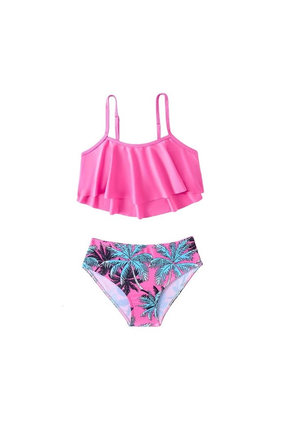 Girls Tankini Swimsuits Size 12 Cute Ruffle Girls' Swimwear Bikini Drawstring Bottoms Tankini Set Two piece Rash Guard Ruffle Bathing Suit