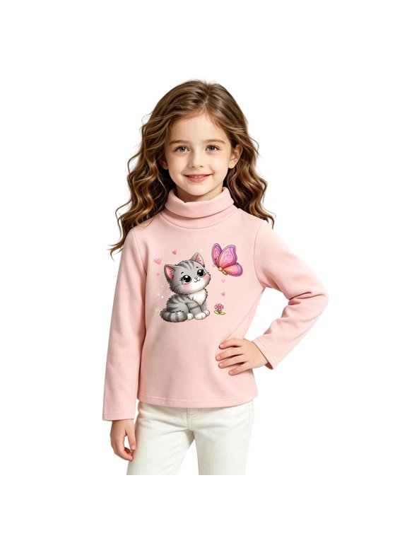Girls Thermal Lined Long Sleeve Shirt Half High Neck Print Top Winter Warm Undershirt Layer Casual Pullover Tee