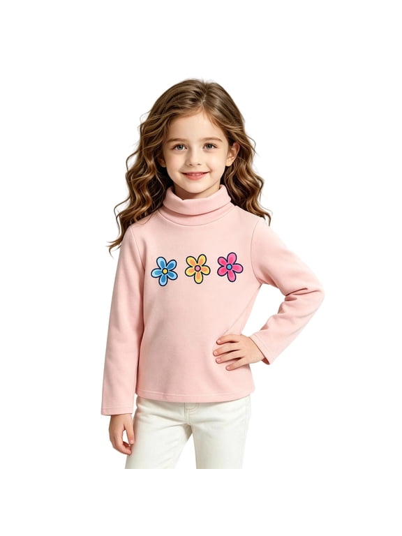Girls Thermal Lined Long Sleeve Shirt Half High Neck Print Top Winter Warm Undershirt Layer Casual Pullover Tee