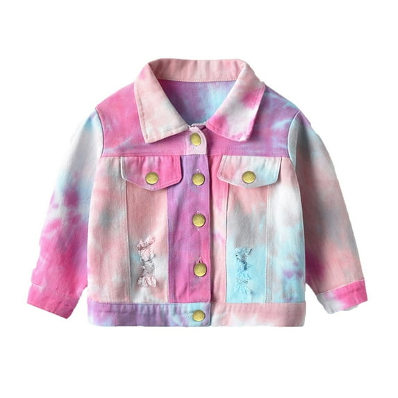 Shadoumai Girls Tie Dye Denim Jacket Windproof Kids Outerwear Toddler Warm Coat Casual Stylish Gradient Print Back To School Fashion