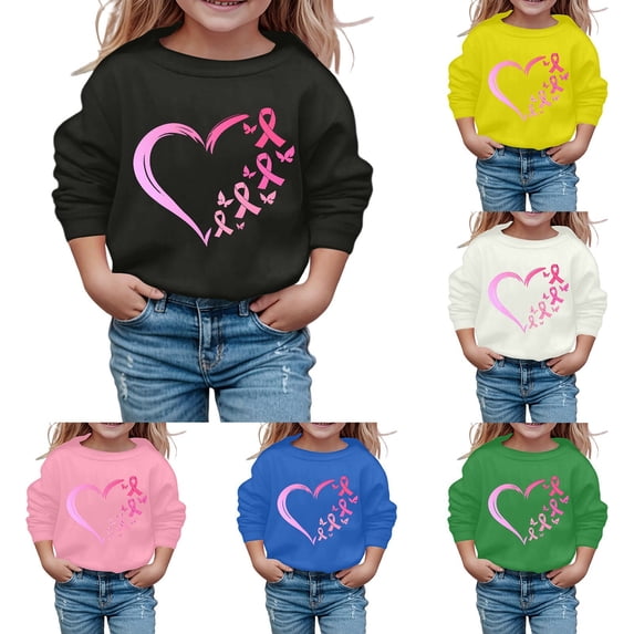 Shadoumai Girls Warm Lined Pullover Top Cancer Awareness Month Long Sleeve Front Print Casual Everyday Sweatshirt, Girls Lined Awareness Pullover