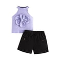 thumbnail image 1 of Shadoumai Girls’ Youth Summer Casual Outfit Set Solid Color Floral Print Top + Pink-White Vertical Stripe Shorts Clothing Set, 1 of 7