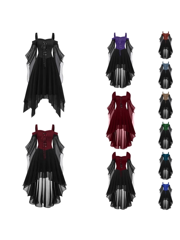 Goth Dress for Women Bell Sleeve Lace Up Steampunk Dresses Cold Shoulder Halloween Outfits High Low Medieval Clothes