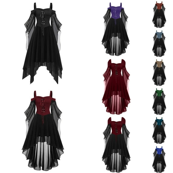 Shadoumai Goth Dress for Women Bell Sleeve Lace Up Steampunk Dresses Cold Shoulder Halloween Outfits High Low Medieval Clothes
