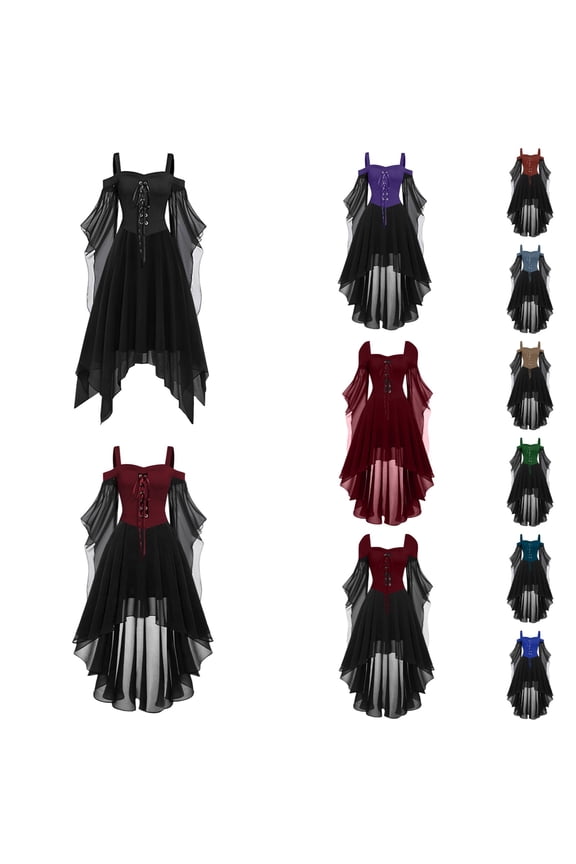Goth Dress for Women Bell Sleeve Lace Up Steampunk Dresses Cold Shoulder Halloween Outfits High Low Medieval Clothes