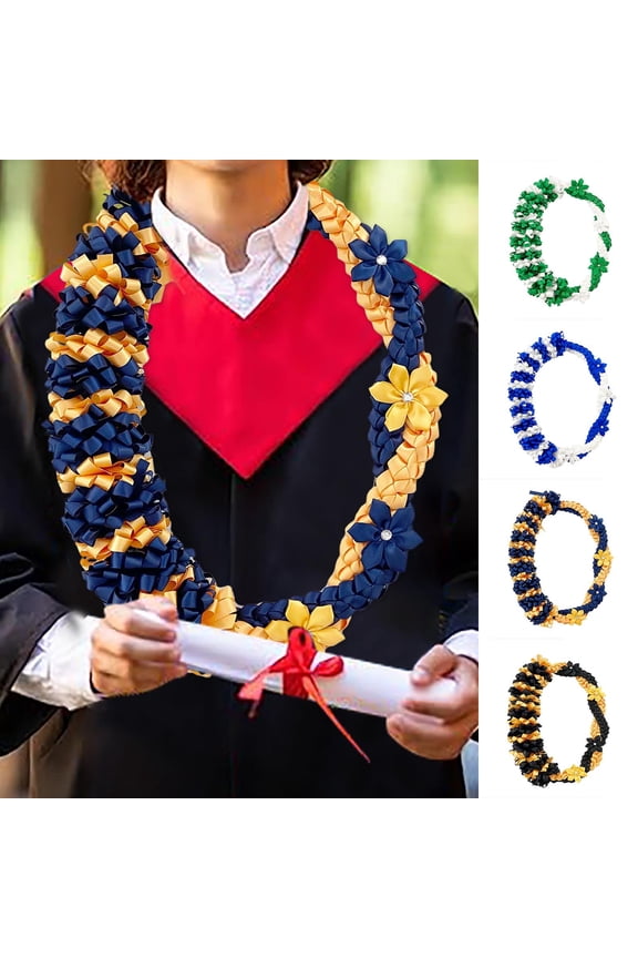 Graduation Leis Class of 2026 Grad Ribbon Leis Double Braided Necklace Hawaiian Flower Garland with Heart Kukui Nut for Man Woman Graduation Party Supplies