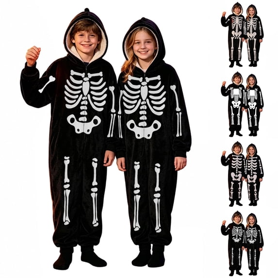 Shadoumai Halloween Jumpsuit Skeleton Fleece Romper For Kids Boys And Girls, Unisex Printed Jumpsuit Seasonal Dress-Up Trick-or-Treat Outfit Jumpsuit