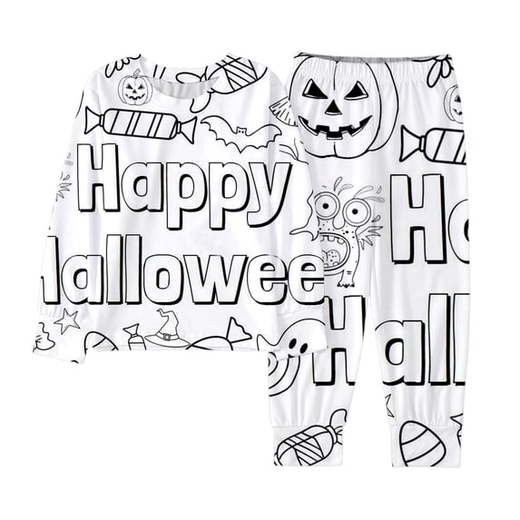 Shadoumai Halloween Pajama Set for Cream Color Pajamas Cute Graphic Print Hand Paint Pjs Funny Long Sleeve Family Easter Outfits Matching Sets 2 Piece Satin Pajama Outfits