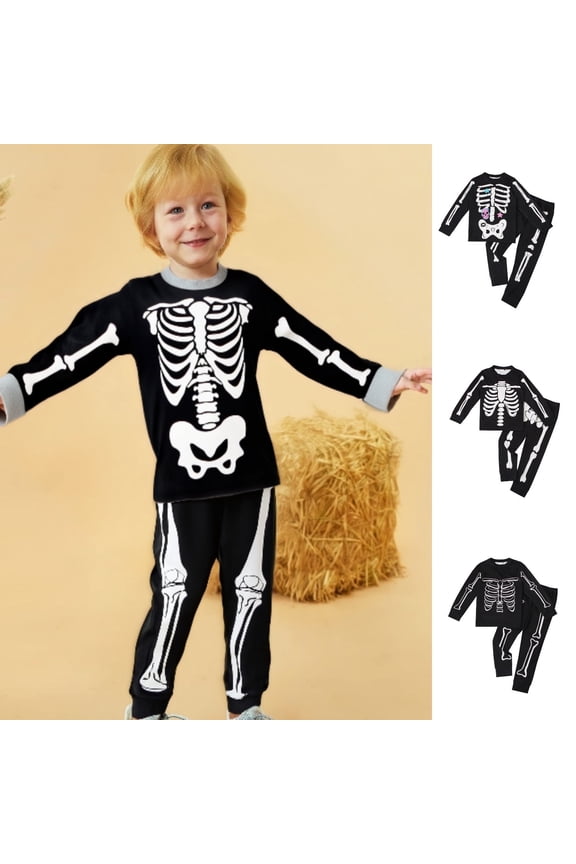 Halloween Pajamas Kids Skeleton Pjs Outfits Glow in the Dark Cotton Sleepwear Toddler Girls Boys Skull Halloween Pj Sets 3t-10t