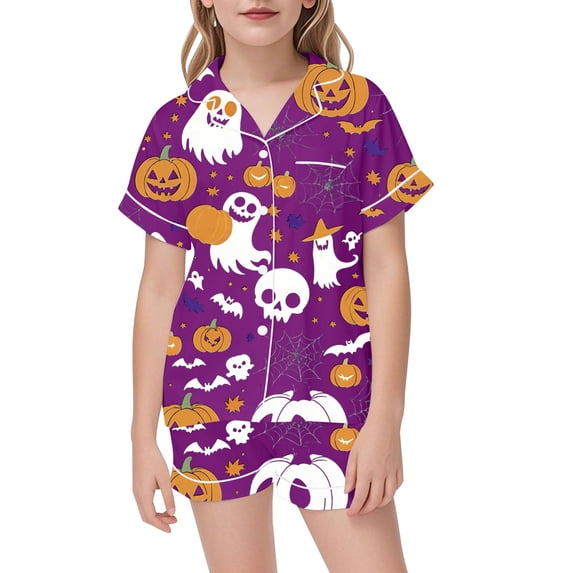 Shadoumai Halloween Pajamas Button Top Ghost Print Button Down Short Sleeve & Short Pants Outfit Silk 2-Piece Loungewear 2 Piece Summer Loungewear Nightwear Outfits