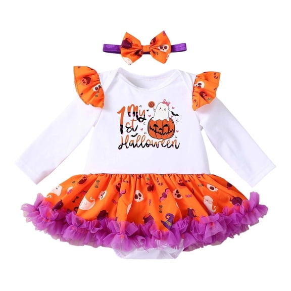 Shadoumai Halloween Pumpkin Dress for Baby Girls,Long Sleeve Print Dress Set with Headband,Warm Fall Winter Party Wear for Toddlers 1-12 Months