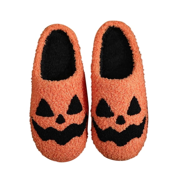 Shadoumai Halloween Pumpkin Slippers - Cozy Sherpa Jack-o'-Lantern House Shoes Non- Sole Spooky Cute Indoor Outdoor