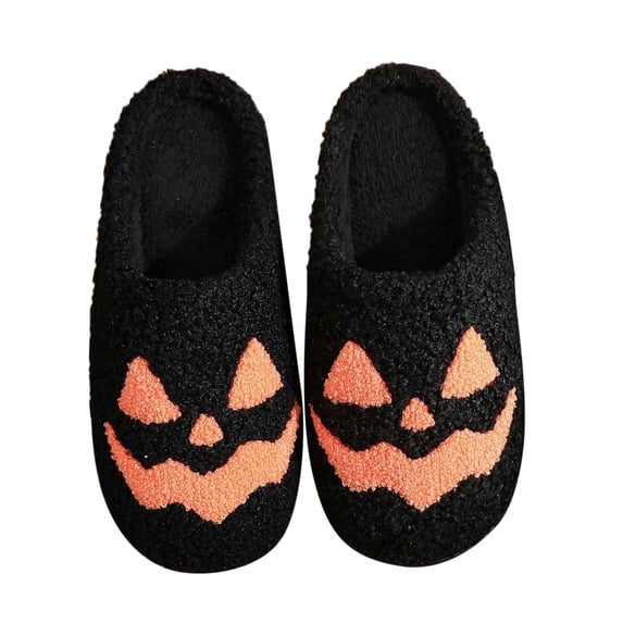 Shadoumai Halloween Pumpkin Slippers for Women Men Spooky Slides Soft Plush Fuzzy House Slippers Indoor Outdoor Shoes