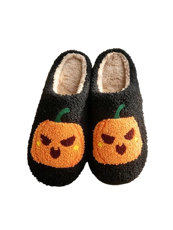 Halloween Pumpkin Slippers for Womens Mens Plush Warm Spooky Lantern Pumpkin Slippers House Shoes