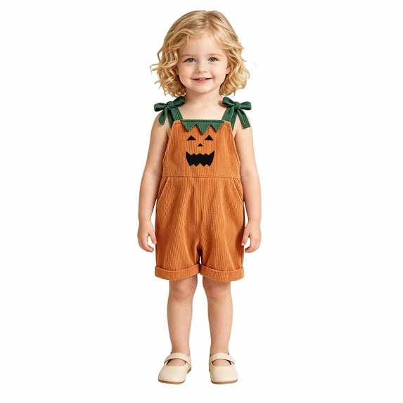 Shadoumai Halloween Romper Pumpkin Face Strappy Romper For Girls, Casual Cute Jumpsuit For Halloween Party Daily Clothes Romper