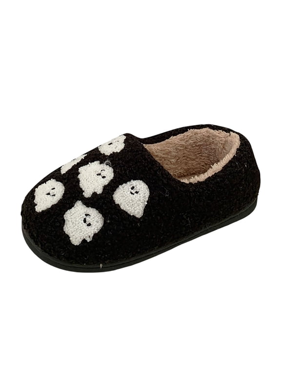 Halloween Slippers for Men Women Fluffy Plush Warm House Slippers with Ghost Pumpkin Bat Design Non- Home Spooky Shoes