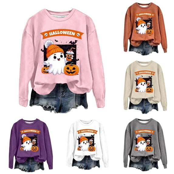 Shadoumai Halloween Spooky Graphic Sweatshirt For Women Cute Print Pullover Sweatshirts Pumpkin Ghost Sweater Plus Size Outfit