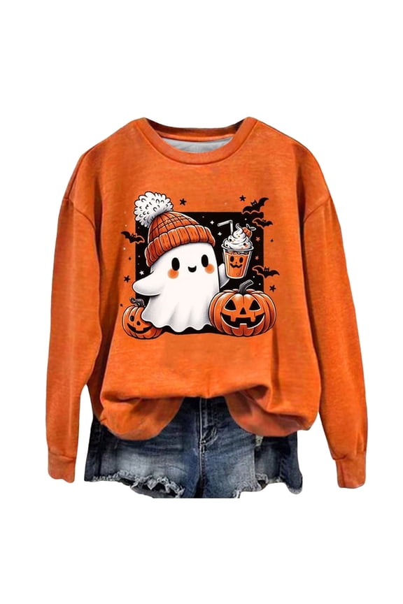 Halloween Spooky Graphic Sweatshirt For Women Cute Print Pullover Sweatshirts Pumpkin Ghost Sweater Plus Size Outfit