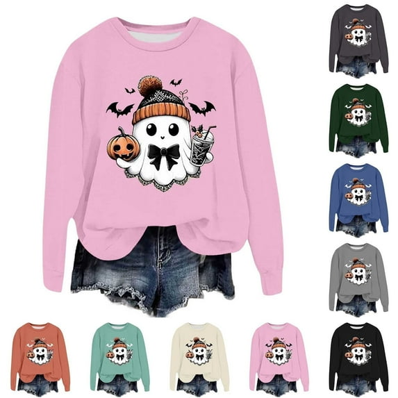 Shadoumai Halloween Spooky Graphic Sweatshirt For Women Cute Print Pullover Sweatshirts Pumpkin Ghost Sweater Plus Size Outfit