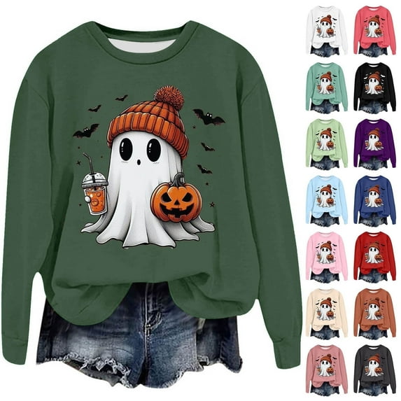 Shadoumai Halloween Spooky Graphic Sweatshirt For Women Cute Print Pullover Sweatshirts Pumpkin Ghost Sweater Plus Size Outfit