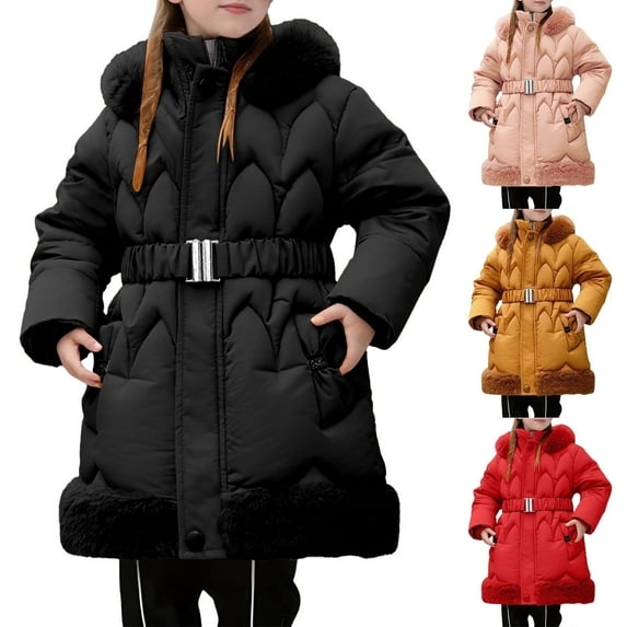 Shadoumai Kids Girls Winter Coats Heavyweight Lined Jackets Windproof Hooded Outerwear with Waist Belt 5-10 Years