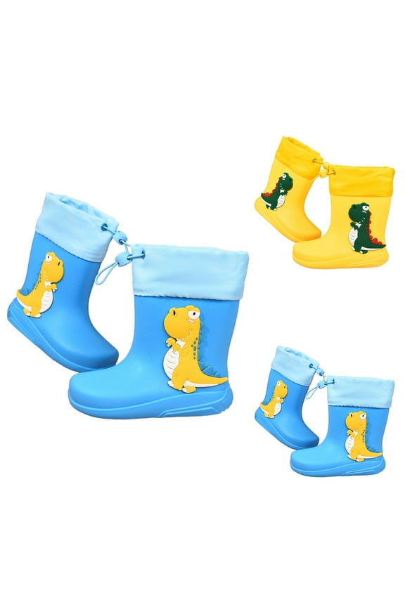 Kids Rain Boots with Cartoon Dinosaur Design, Blue Waterproof Boots with 3D Spikes