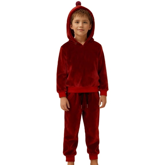 Shadoumai Kids Velvet Tracksuit Warm Lined Two Piece Hoodie And Jogger Set For Fall Winter Seasons