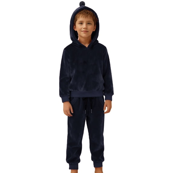 Shadoumai Kids Velvet Tracksuit Warm Lined Two Piece Hoodie And Jogger Set For Fall Winter Seasons