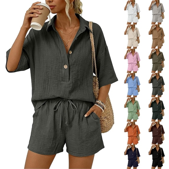 Shadoumai Linen Sets For Women 2 Piece 2026 Summer Casual V Neck Button Short Sleeve Beach Vacation Outfits Oversized Suits