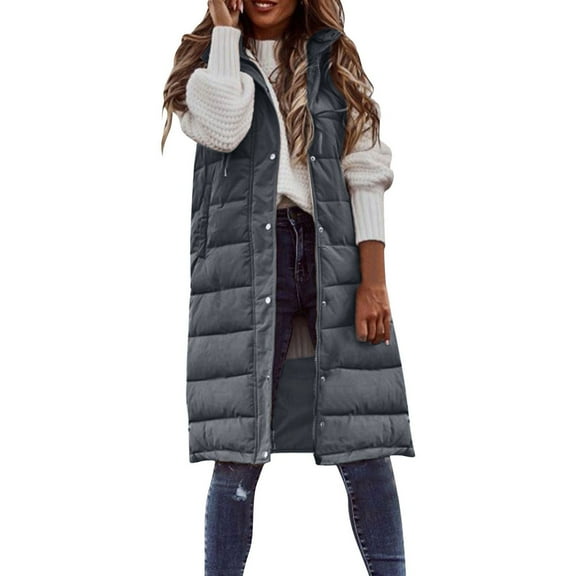 Shadoumai Long Puffer Vest for Women with Hood Thickened Packable Sleeveless Extended Long Vest for Fall & Winter