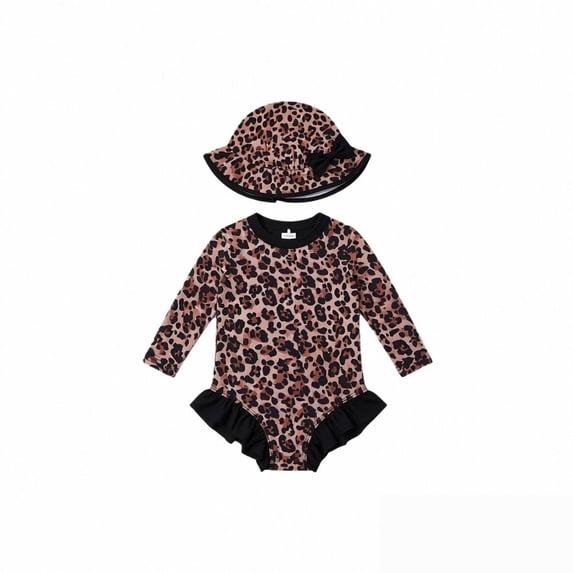 Shadoumai Long Sleeve Snap Button Swimsuit With Matching Sun Hat For Baby Girls Infant UPF 50+ Rash Guard Swimwear For Pool Beach Water Play