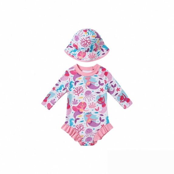 Shadoumai Long Sleeve Snap Button Swimsuit With Matching Sun Hat For Baby Girls UPF 50+ Rash Guard Swimwear Set For Pool And Beach