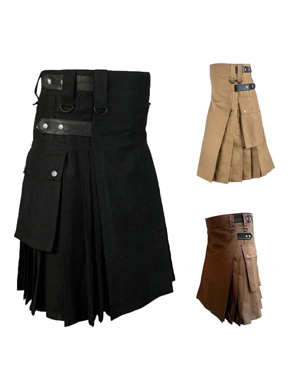 Mens Scottish Kilts Traditional Highland Tartan Utility Kilt High Waist Buckle Strap Pleated Skirt with Cargo Pockets
