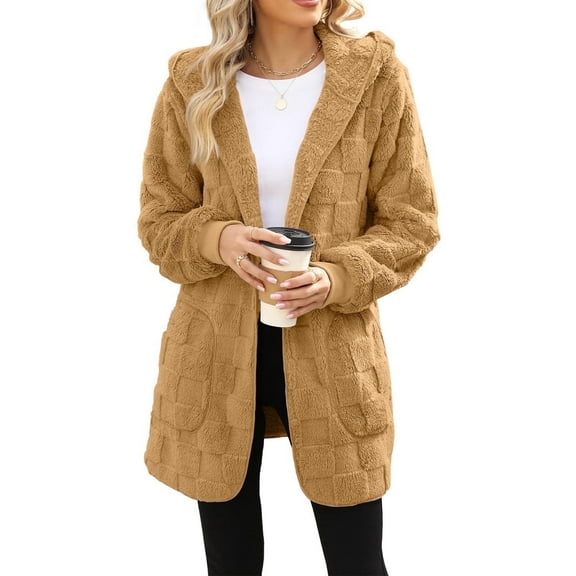 Shadoumai Mid Long Sweater For Women Fleece Lined Coat Fuzzy Open Front Soft Warm Hooded Cardigan Sweater Winter Coat With Pockets