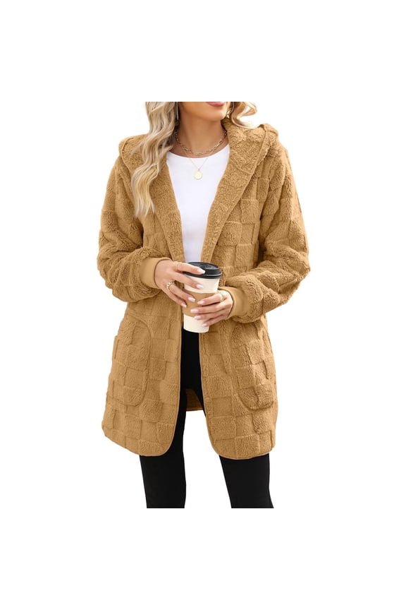 Mid Long Sweater For Women Fleece Lined Coat Fuzzy Open Front Soft Warm Hooded Cardigan Sweater Winter Coat With Pockets