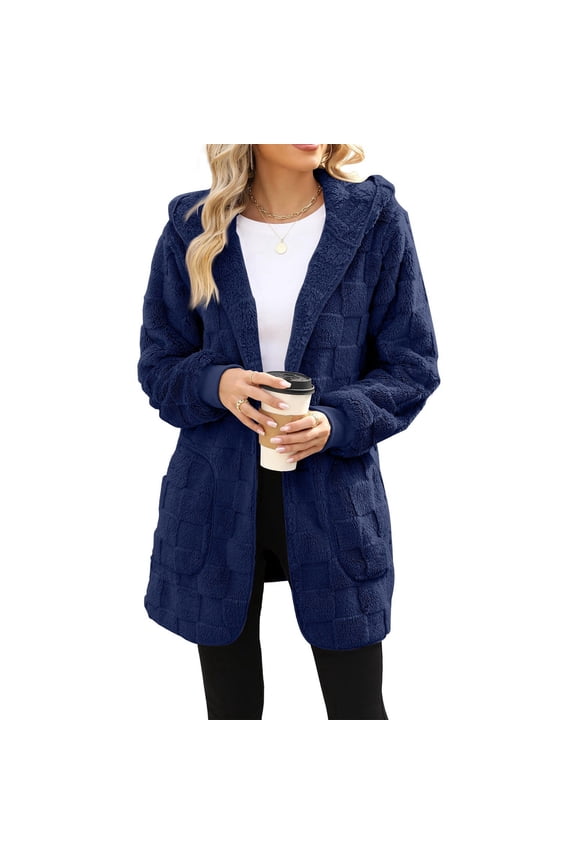 Mid Long Sweater For Women Fleece Lined Coat Fuzzy Open Front Soft Warm Hooded Cardigan Sweater Winter Coat With Pockets