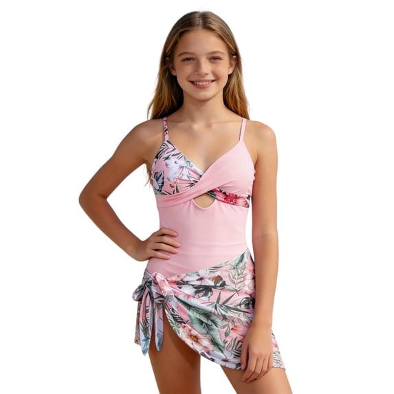 Shadoumai One Piece Swimsuit for Girls 7-8 High Waisted Tankini Set Quick Dry & Stretchy Crossback Floral Print Bathing Suits for Girls Stripe Double Straps Summer Girl's Swimwear