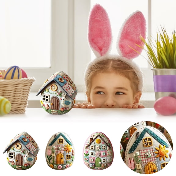 Shadoumai Patchwork Felt Egg House DIY Kit, Embroidered Felt Eggs Kit, Easter Craft Decor, Easter Colorful Basket Stuffers, Home Festival Bunny Party Decoration Supplies (C-2PC)