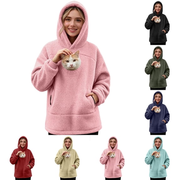 Shadoumai Pet Pouch Hoodie Women Oversized Fuzzy Dog Cat Carrier Hoodies Sweatshirt with Zipper Pocket Front Carry Pouch