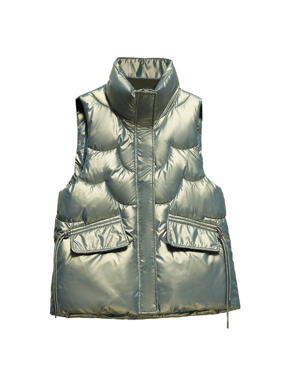 Puffer Vest Womens Metallic Shiny Baggy Winter Quilted Vests, Windproof Sleeveless Puffer Jacket Warm Padded Down Outerwear