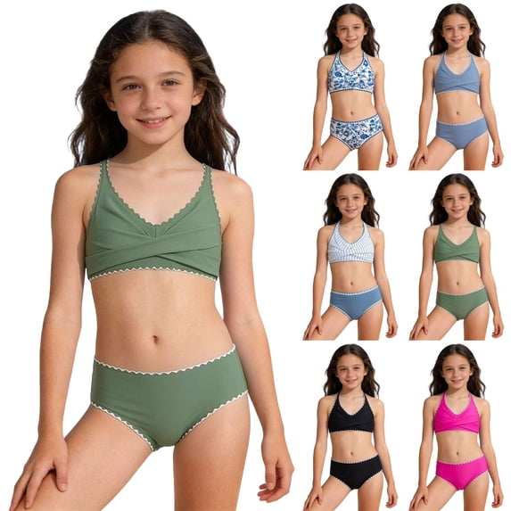 Shadoumai Ruffle Girls Swimsuits Ruched Side Bikini Sets for Girls 16-18 Drawstring Tankini Sets Two Pieces Girls Bathing Suit size 12 Tropical Printed Summer Girl's Swimwear