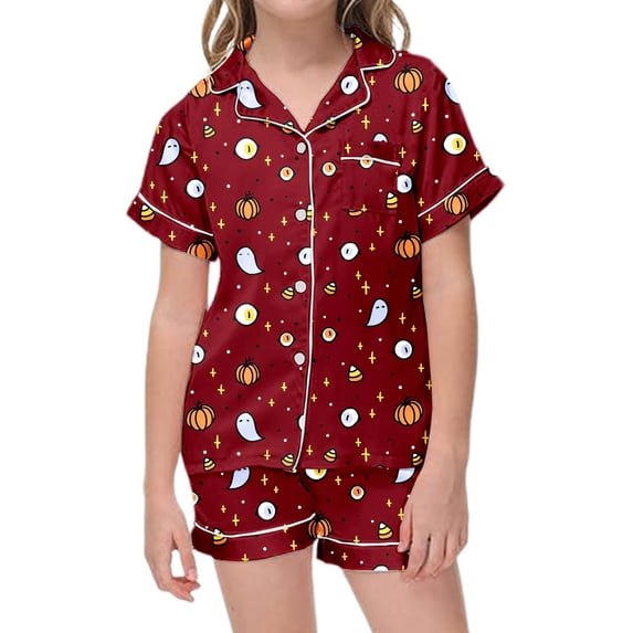 Shadoumai Satin Halloween Pajamas for Button Down Pjs Pumpkin Print Button Down Short Sleeve Loungewear Clothes Set Soft 2 Piece Nightwear 2 Piece Summer Loungewear Nightwear Outfits