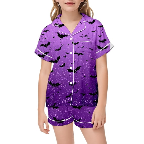 Shadoumai Satin Halloween Pajamas for Size 6 Button Down Graphic Print Short Sleeved Button Top Comfy 2 Piece Nightwear 2 Piece Satin Pajama Outfits